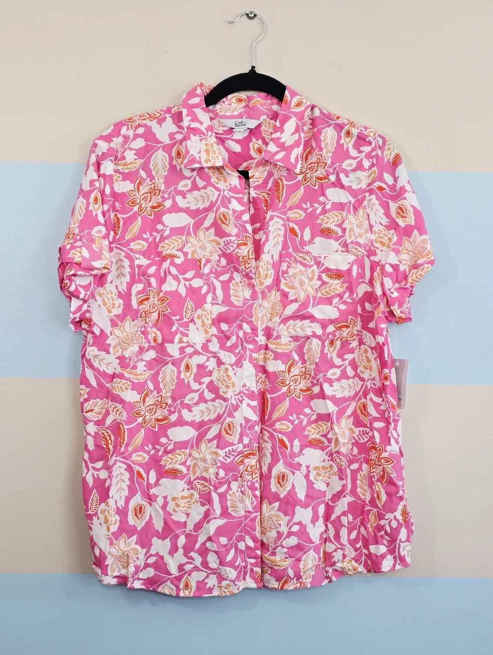 Croft & Barrow Pink and Orange Floral Button Front Top - Picture 2 of 7